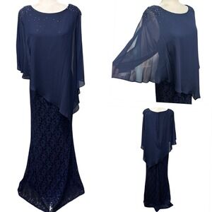 Ignite‎ Evenings Formal Column Gown Size 16W Cape Navy Blue Lace Overlay Sparkle